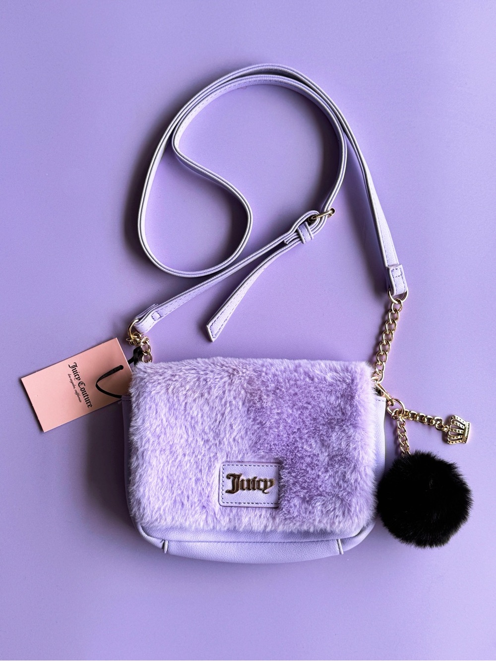 Y2K Juicy Couture Fluffy Purple Fur Gold Logo Crossbody Bag With Keychain NWT